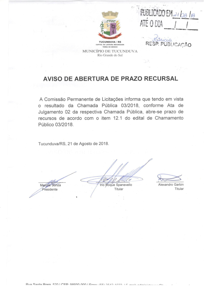 AVISO DE ABERTURA DE PRAZO RECURSAL - CHAMADA PÚBLICA 03/2018